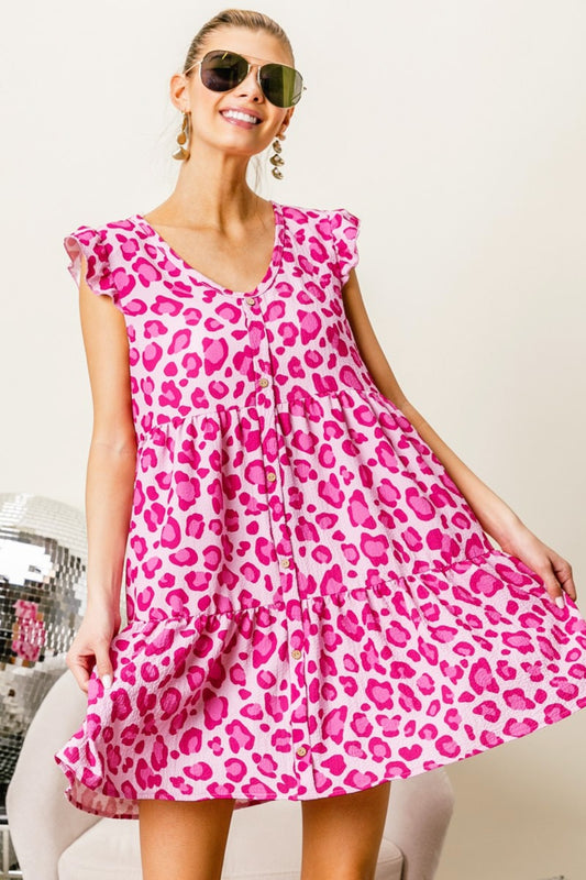 Minivestido escalonado con manga japonesa y estampado de leopardo de BiBi