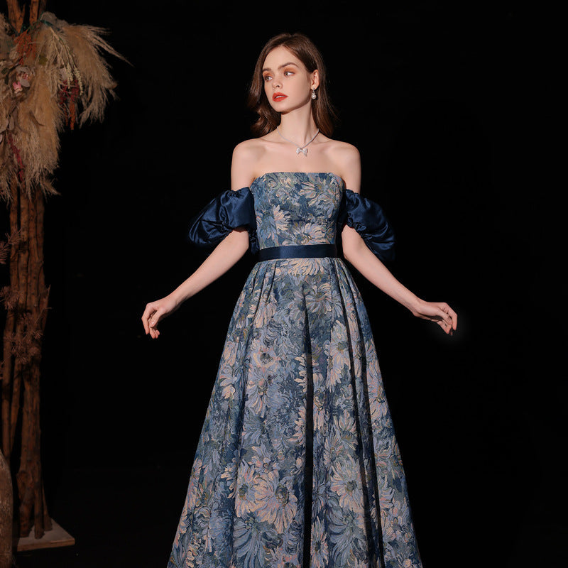 Light Luxury Minority Princess Court Oil Painting Style Tube Top Blue Evening Dress