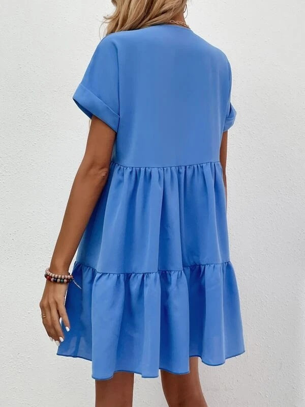 Robe d'été décontractée à manches courtes, col en v, à volants, couleur unie, robe de plage, vacances, vêtements pour femmes, nouvelle collection