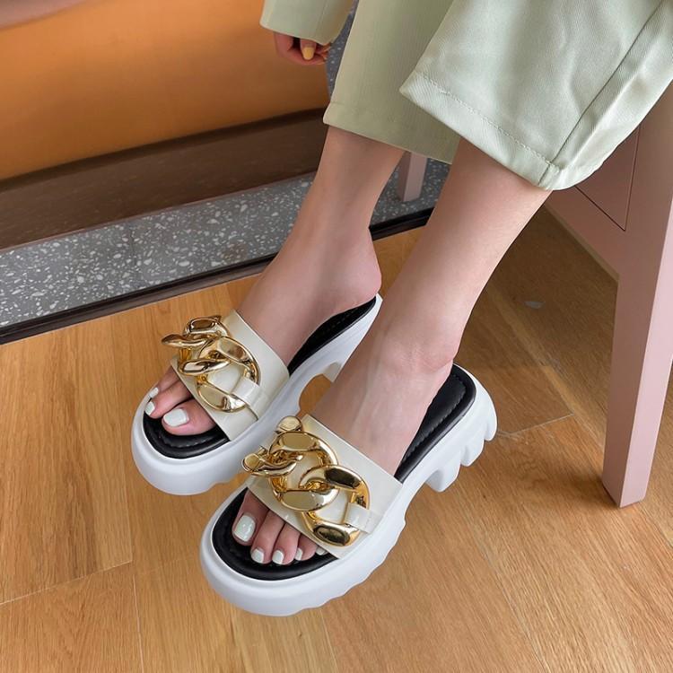 Lazy Slippers Cowhide Patent Leather Adhesive Shoes Platform Platform