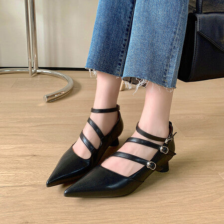 Full Leather Inside And Outside Thick Heel Pointed Buckle Leather Shoes