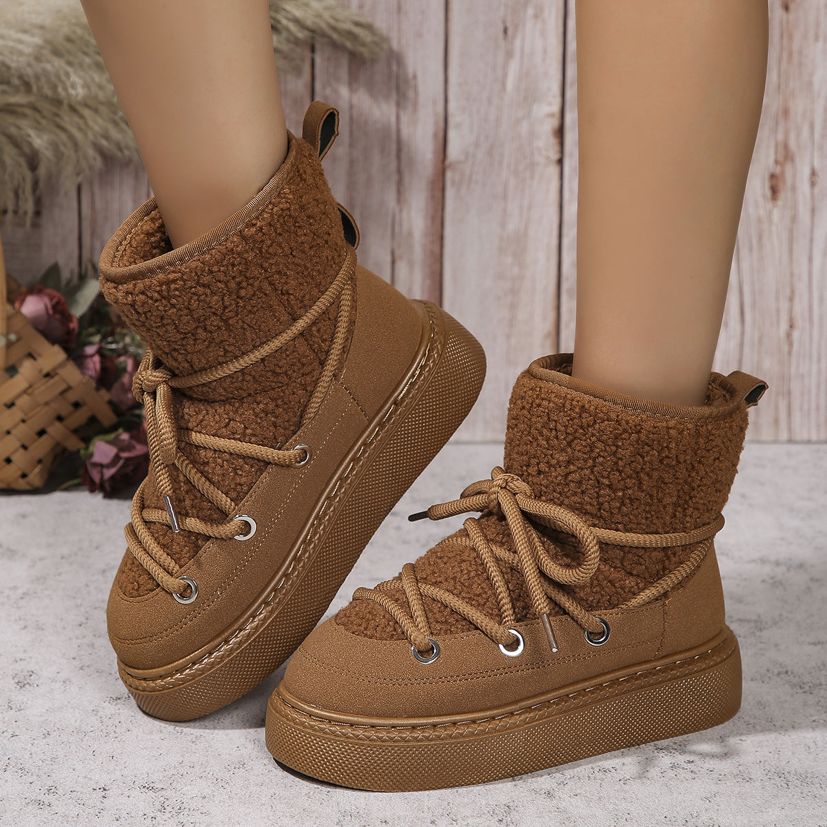 Botas de nieve con cordones de moda para mujer, zapatos de algodón de suela gruesa y plana para invierno, botas cortas cálidas e informales que mejoran la altura