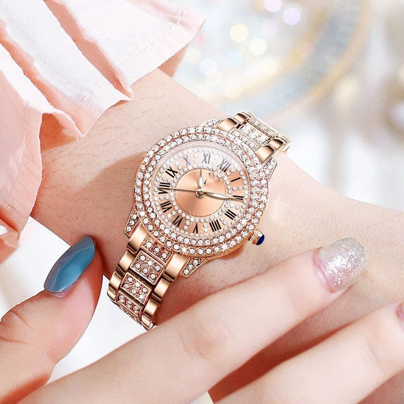 Exquisito y elegante reloj de cuarzo brillante con diamantes.