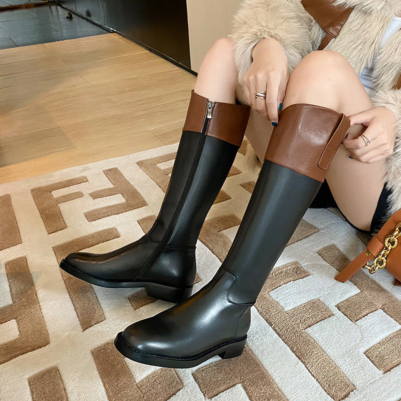 First Layer Cowhide Low Heel Round Toe Oblique Side Zipper High Boots