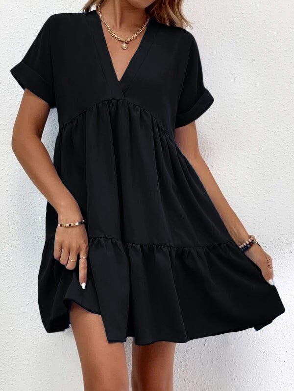 New Short-sleeved V-neck Dress Summer Casual Sweet Ruffled Dresses Solid Color Holiday Beach Dress For Womens Clothing