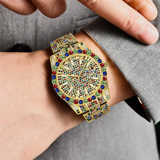 Hip Hop Hommes Mode Couleur Pleine Diamant Date Montres À Quartz