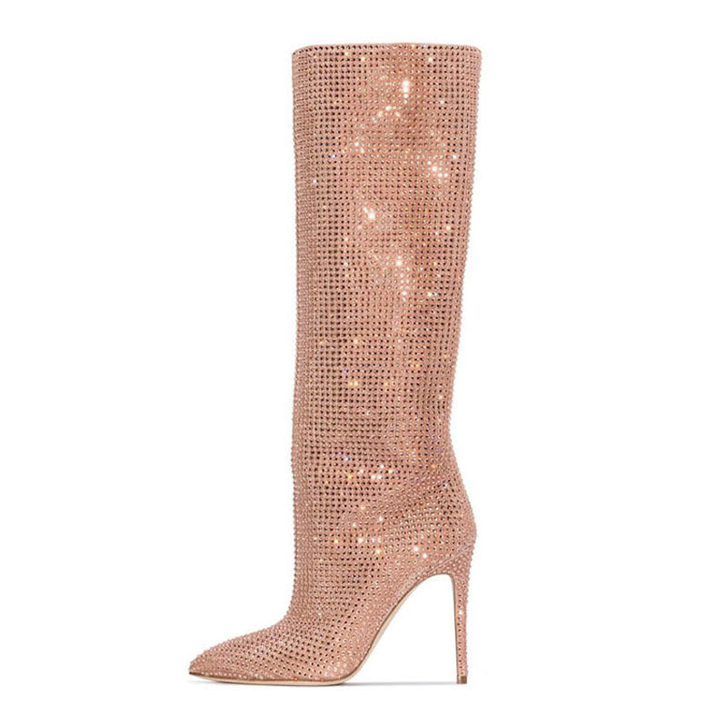 Pointed Toe Cashmere Solid Color Women's Rhinestone Stiletto High Heel Knee Boots