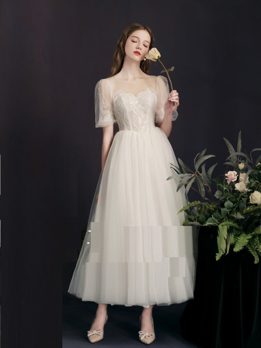 Lantern Bubble Sleeve White Yarn Skirt Mid-length Bridal Gown