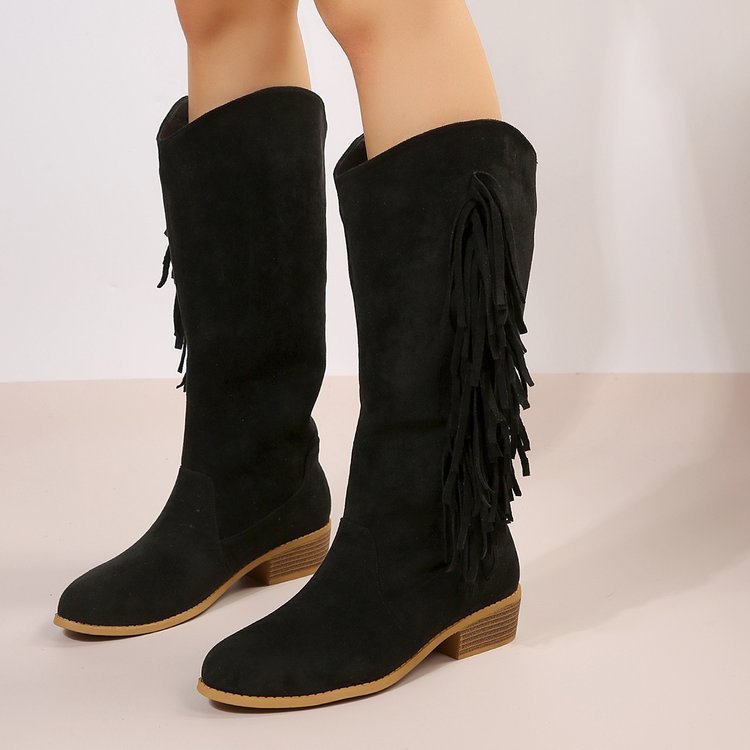 Botas de tubo largo de gamuza con borlas y tacón bajo de talla grande