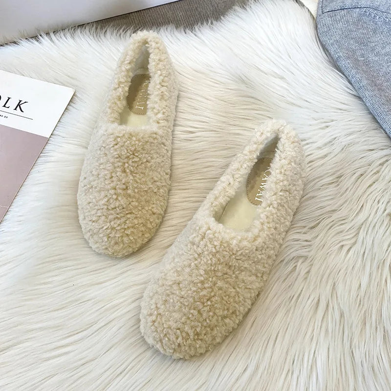 Luxury Lambwool Moccasins Femme Winter Cotton Shoes Women Warm Plush Loafers Comfy Curly Sheep Fur Flats Woman Large Size 40-43