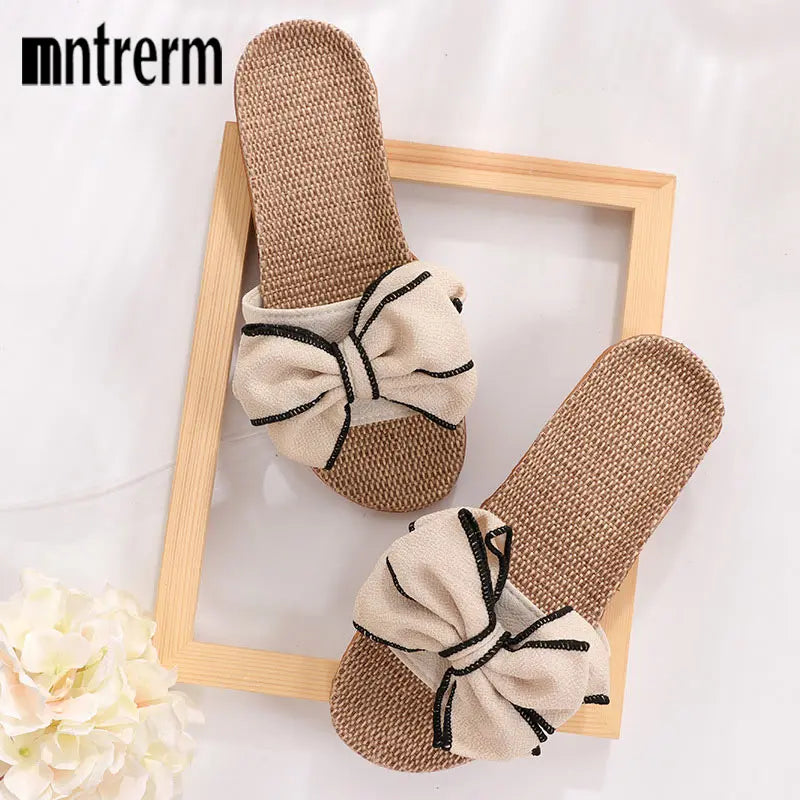 Mntrerm 2024 nuevas zapatillas informales para Zapatillas de casa, verano, nudo de lazo, suelo suave, zapatos planos de interior para mujer, bonitas zapatillas de lino Terlik