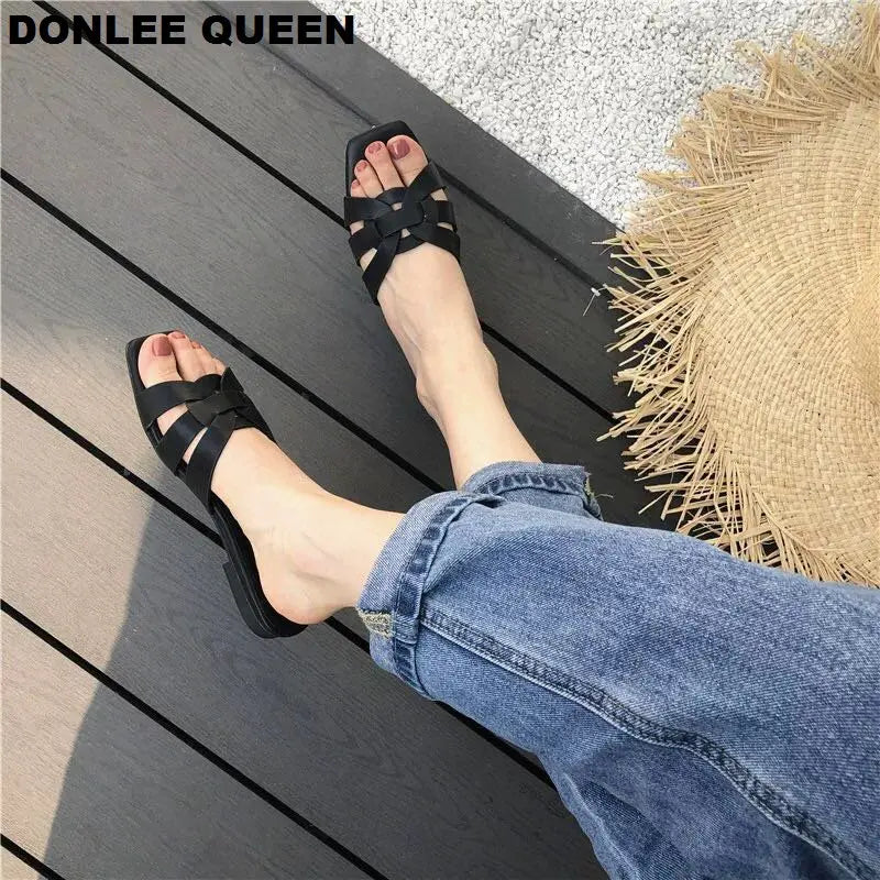 DONLEE QUEEN Women Brand Slippers Summer Slides Open Toe Flat Casual Shoes Leisure Sandal Female Beach Flip Flops Big Size 35-41