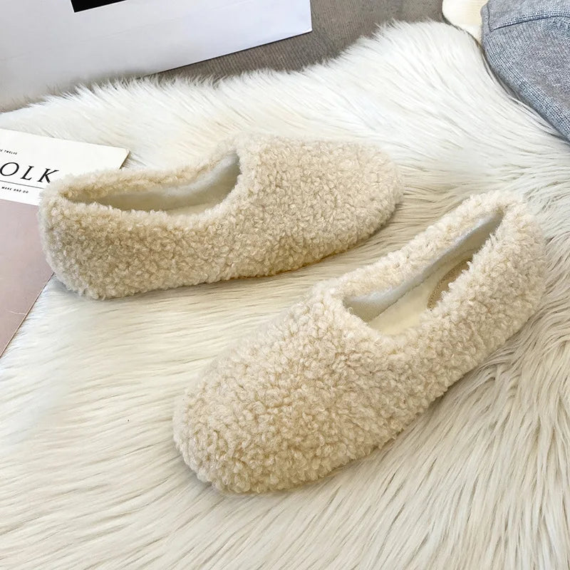 Luxury Lambwool Moccasins Femme Winter Cotton Shoes Women Warm Plush Loafers Comfy Curly Sheep Fur Flats Woman Large Size 40-43