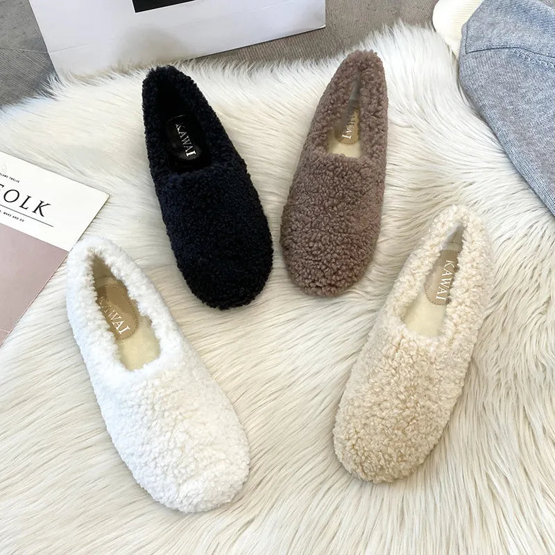 Mocassins de luxe en laine d'agneau pour Femme, chaussures d'hiver en coton, mocassins chauds en peluche, confortables et bouclés en fourrure de mouton, plates, grande taille 40-43