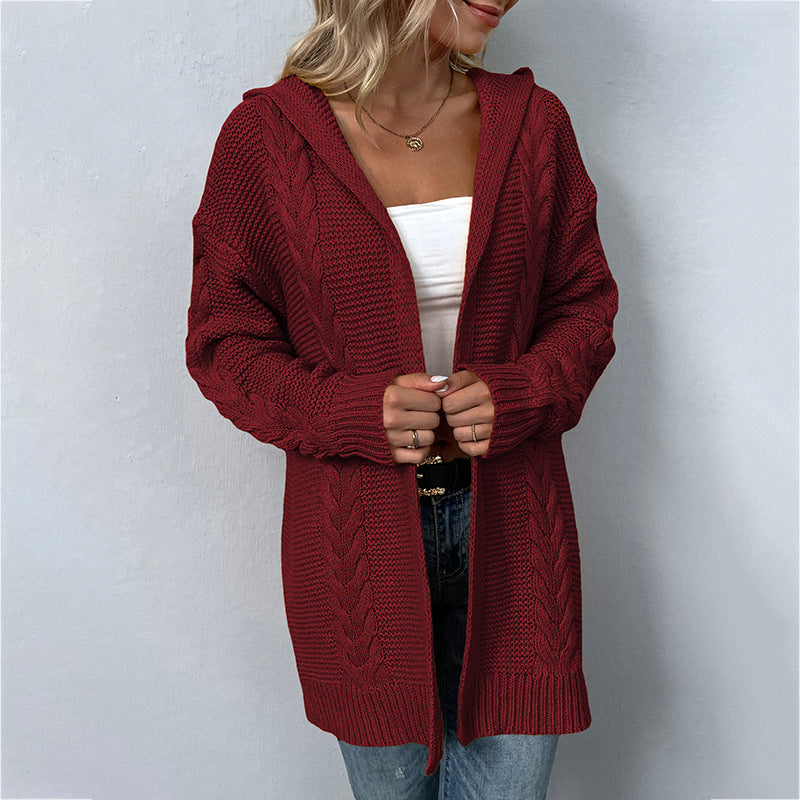 Otoño Invierno Color sólido con capucha Twist Knitwear Cardigan suéter mujer abrigo