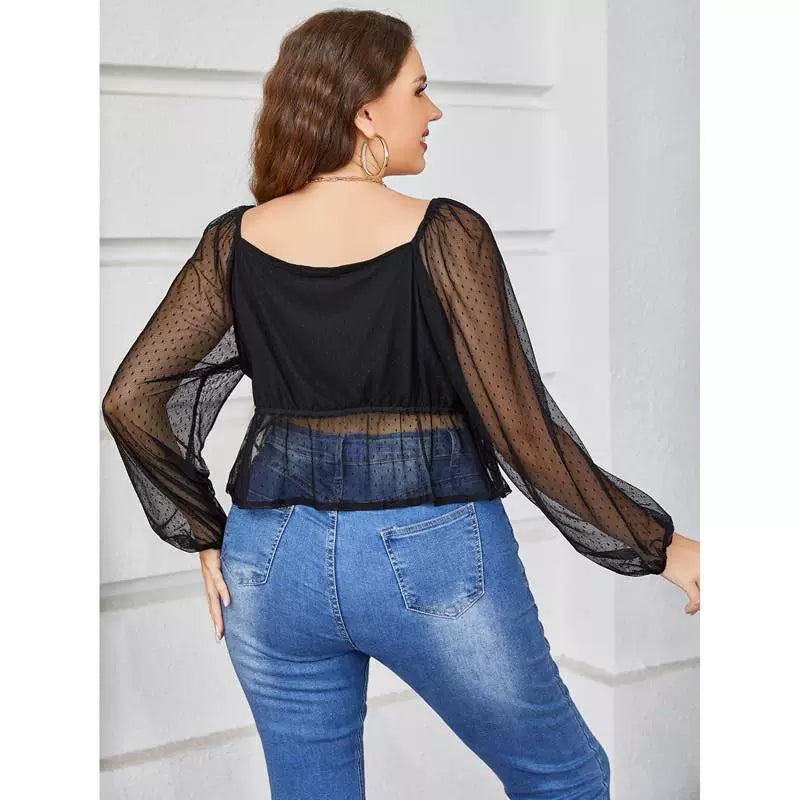 Ropa de mujer de talla grande, Top transparente de malla, Top Sexy para mujer gorda, blusa superior Sexy de talla grande