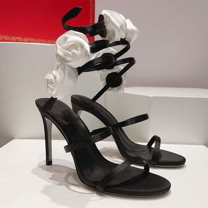 À Lacets Talon Aiguille Bout Rond Fleur Décorative Sandales Pour Femmes