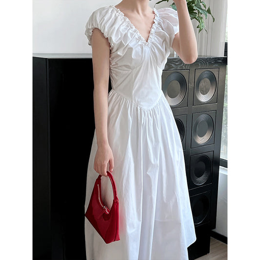 French Fitted Waist Backless V neck Dress Women Elegant High Grade Sleeveless Pleated Dress