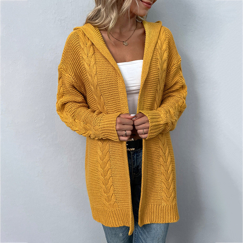 Otoño Invierno Color sólido con capucha Twist Knitwear Cardigan suéter mujer abrigo