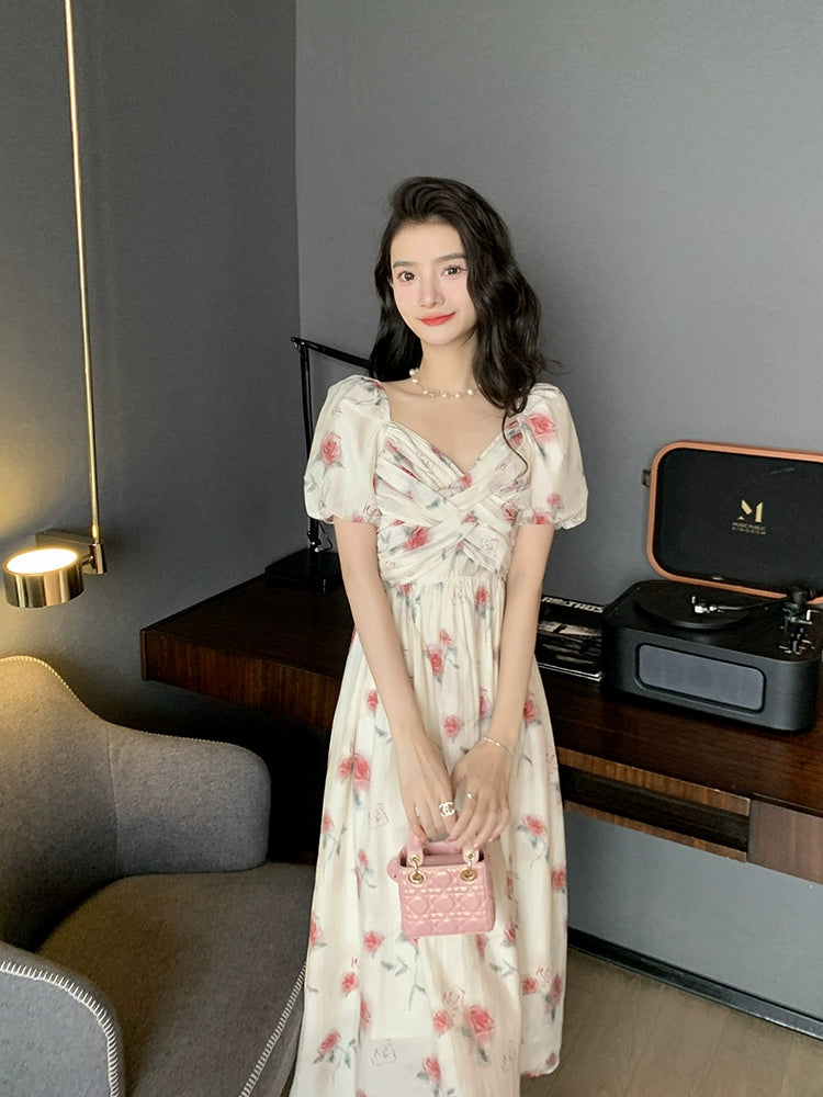 Deng Liuliu Elegante y elegante vestido floral con rosas florecientes