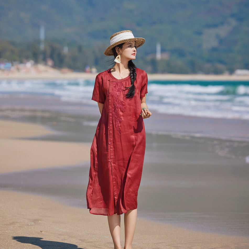 Vestido tipo cárdigan de manga corta con cuello redondo y bordado de ramio