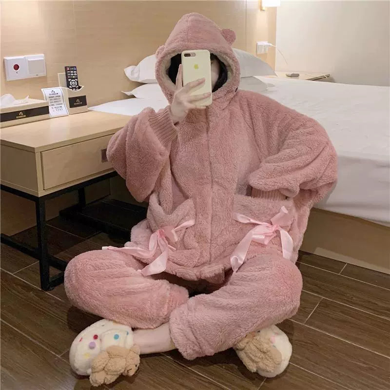 150.00kg Plus Size Ladies plus Size Hooded Coral Velvet Pajamas Suit Women's Winter Fleece-lined Thick Loose Pajamas Homewear