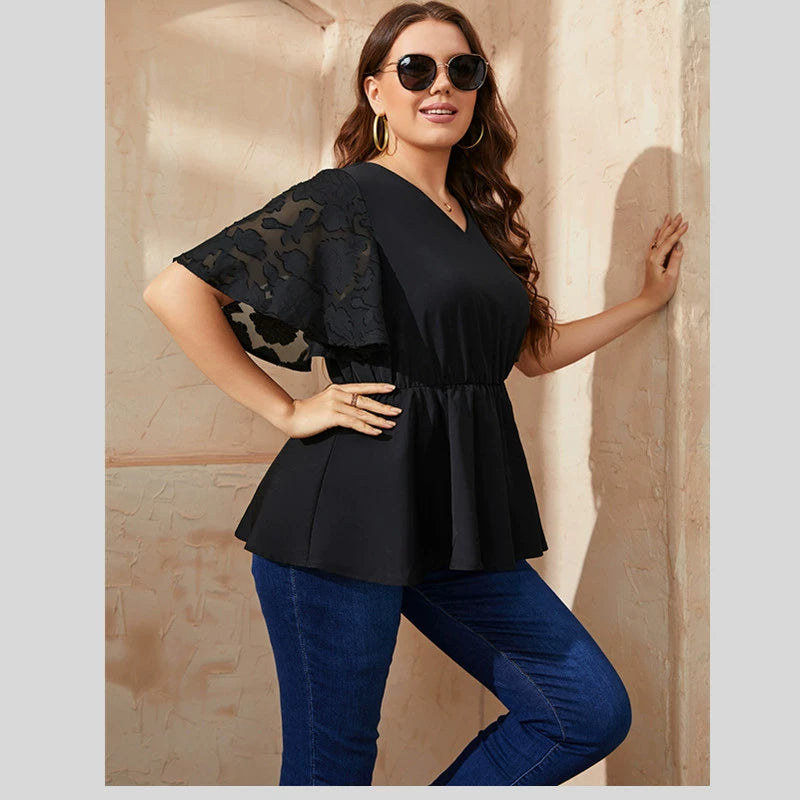 Large Size Women's Clothing for Plump Girls Summer Batwing Short Sleeve V Neck Lace Stitching Coat Loose Fit Slimming Shirt