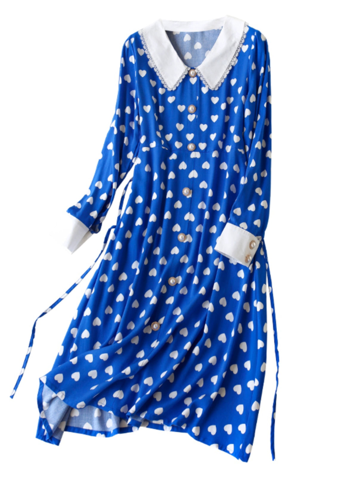 Long Sleeves Heart Printing Playful Slim Looking Noil Poplin Dress