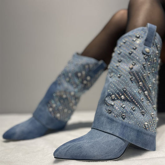 Heavy Industry Pointed Toe Stiletto Rhinestone Women's Boots Jeans Pipe Boots