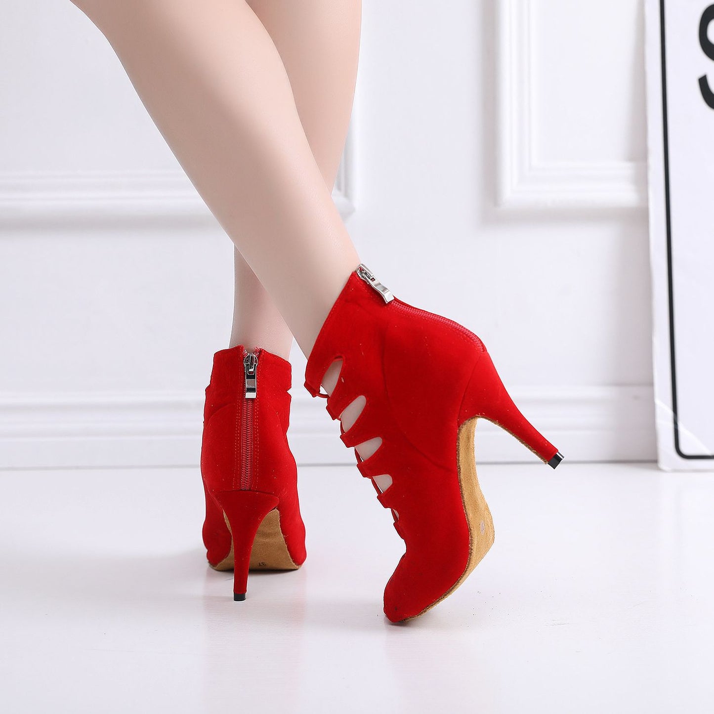 Tacones altos con punta abierta y parte inferior suave para mujer, color rojo