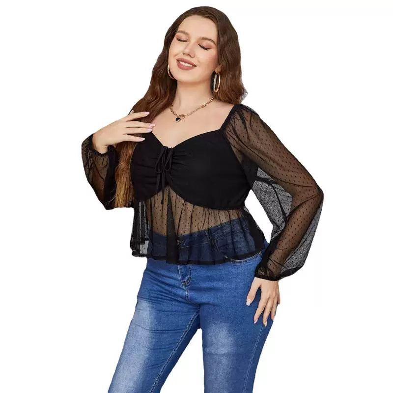 Ropa de mujer de talla grande, Top transparente de malla, Top Sexy para mujer gorda, blusa superior Sexy de talla grande