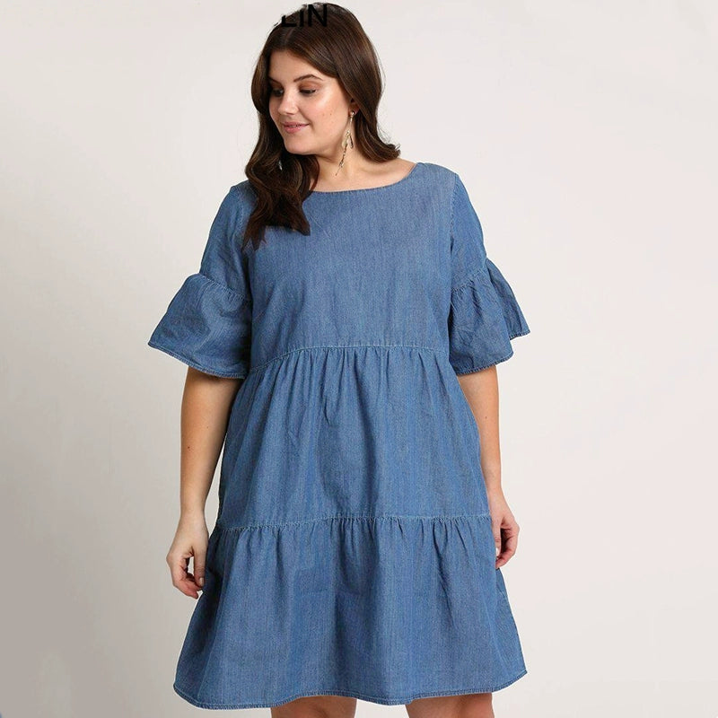 New Spring and Summer New Fashion plus Size Plus Size Ladies Loose Denim Dress Loose-Fit Lotus Leaf Sleeve A- line Dress