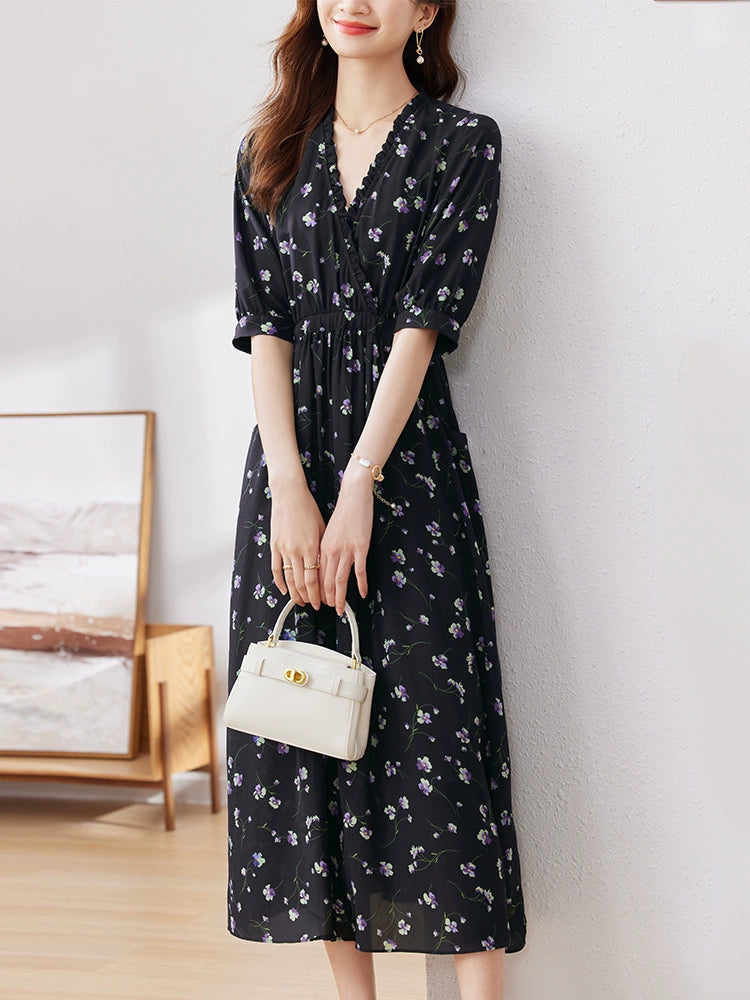 Commuting Figure Flattering Romantic Summer Step Print Dress