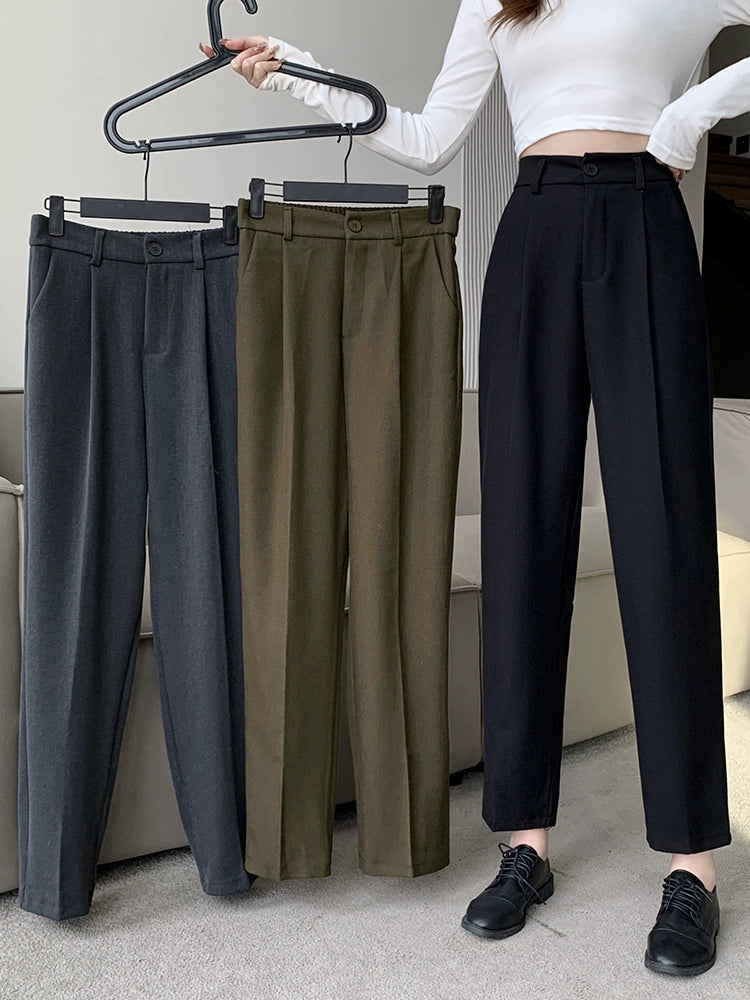 Vêtements pour femmes de grande taille Chubby Girl Slim Looking Loose Thin Laine Longueur cheville Pantalon de costume Pantalon décontracté polyvalent à bandes à la cheville Vêtements de travail Pantalons pour femmes