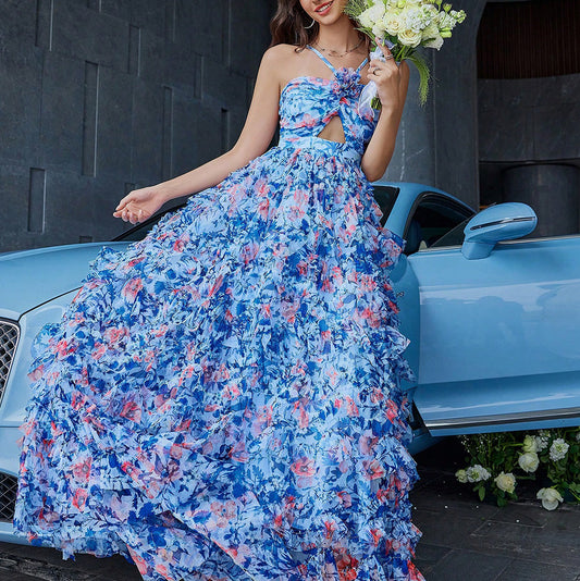 Vestido De Moda Con Cuello Halter Estampado De Mariposa Ahuecado