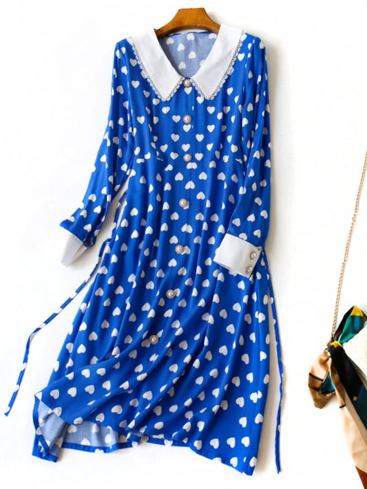 Long Sleeves Heart Printing Playful Slim Looking Noil Poplin Dress