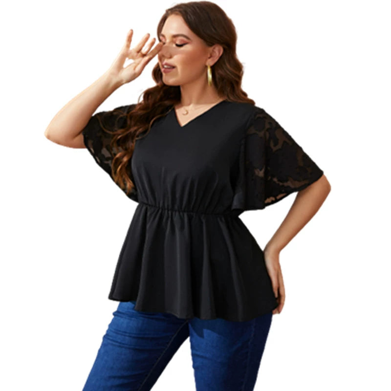 Large Size Women's Clothing for Plump Girls Summer Batwing Short Sleeve V Neck Lace Stitching Coat Loose Fit Slimming Shirt