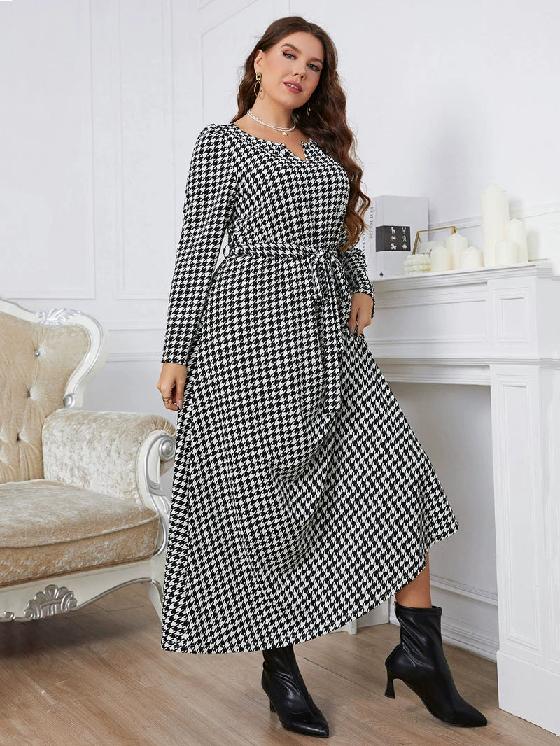 Plus Size Women Autumn Casual Loose Plaid Party Dinner Dress