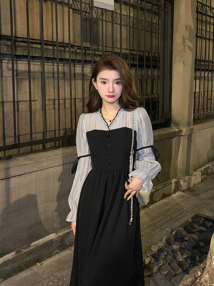 Deng Liuliu Vestido de té elegante y elegante con mangas abullonadas retro