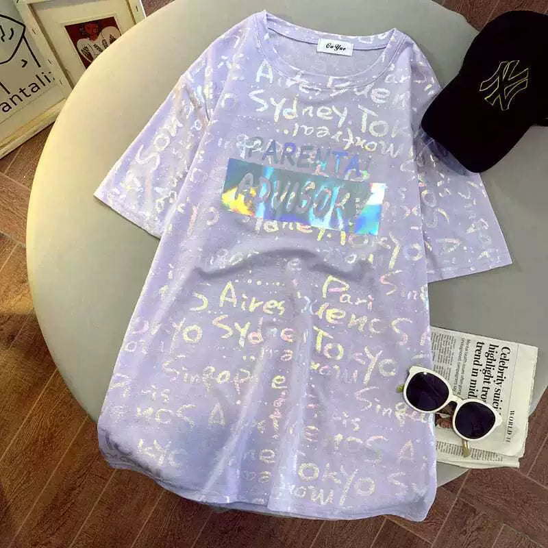 Talla grande 150,00 kg Camiseta de manga corta con letras reflectantes finas y lentejuelas para mujer Top de nicho holgado y adelgazante con sentido del diseño para mujer de talla grande