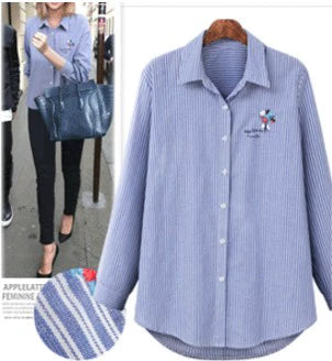 European Striped Flowers Shirt Long Sleeve Lapel Embroidery