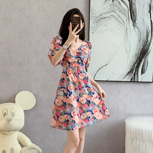 French Style V-neck Summer Color High Waist Slim Looking Dress