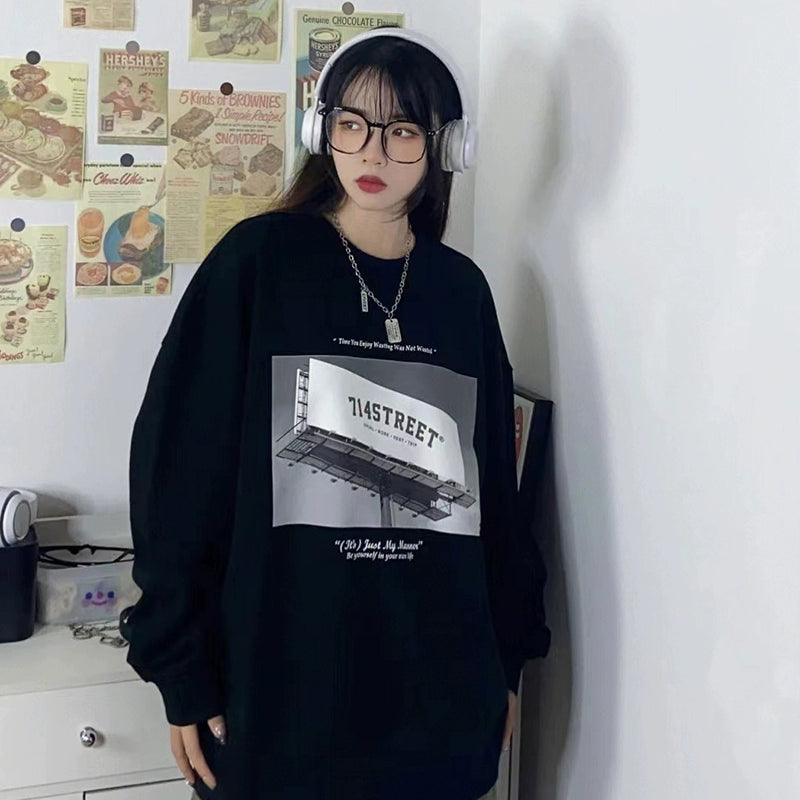 150.00kg Plus Size Ladies Plus Size Spring and Autumn Thin Student American Retro Loose Oversize Sweatshirt Outwear Female Ins Fashion