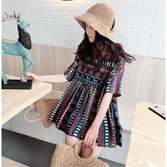 150.00kg A- line Ethnic Style Doll Shirt Floral Short Sleeve