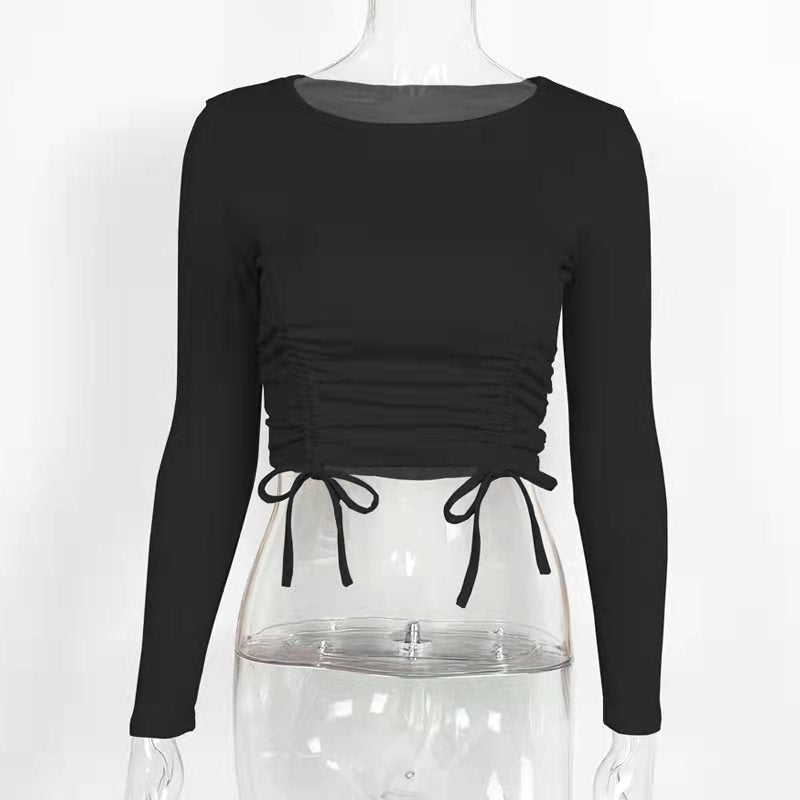 Camiseta corta de manga larga para mujer, Top corto con cordón y volantes, expuesto al ombligo, otoño e invierno