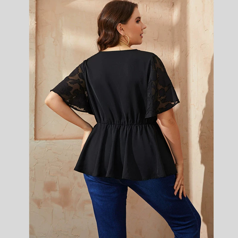 Large Size Women's Clothing for Plump Girls Summer Batwing Short Sleeve V Neck Lace Stitching Coat Loose Fit Slimming Shirt