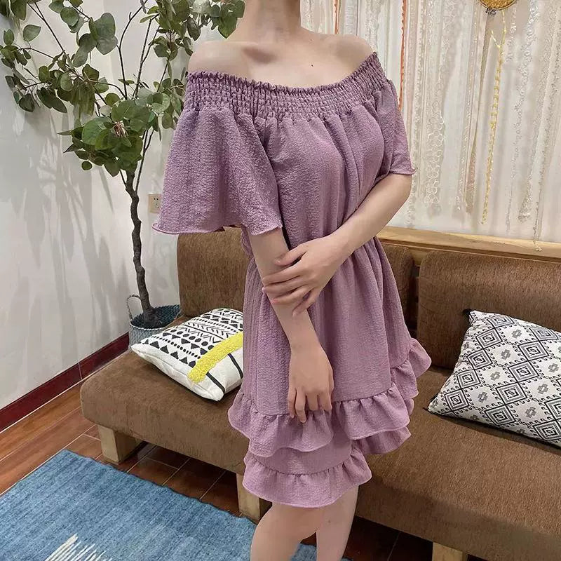 Extra Large Size 150.00kg Plus Size Ladies off-Shoulder Ruffle Sleeve Top Shorts Suit Loose Slim Looking Belly-Covering Two-Piece Suit Summer