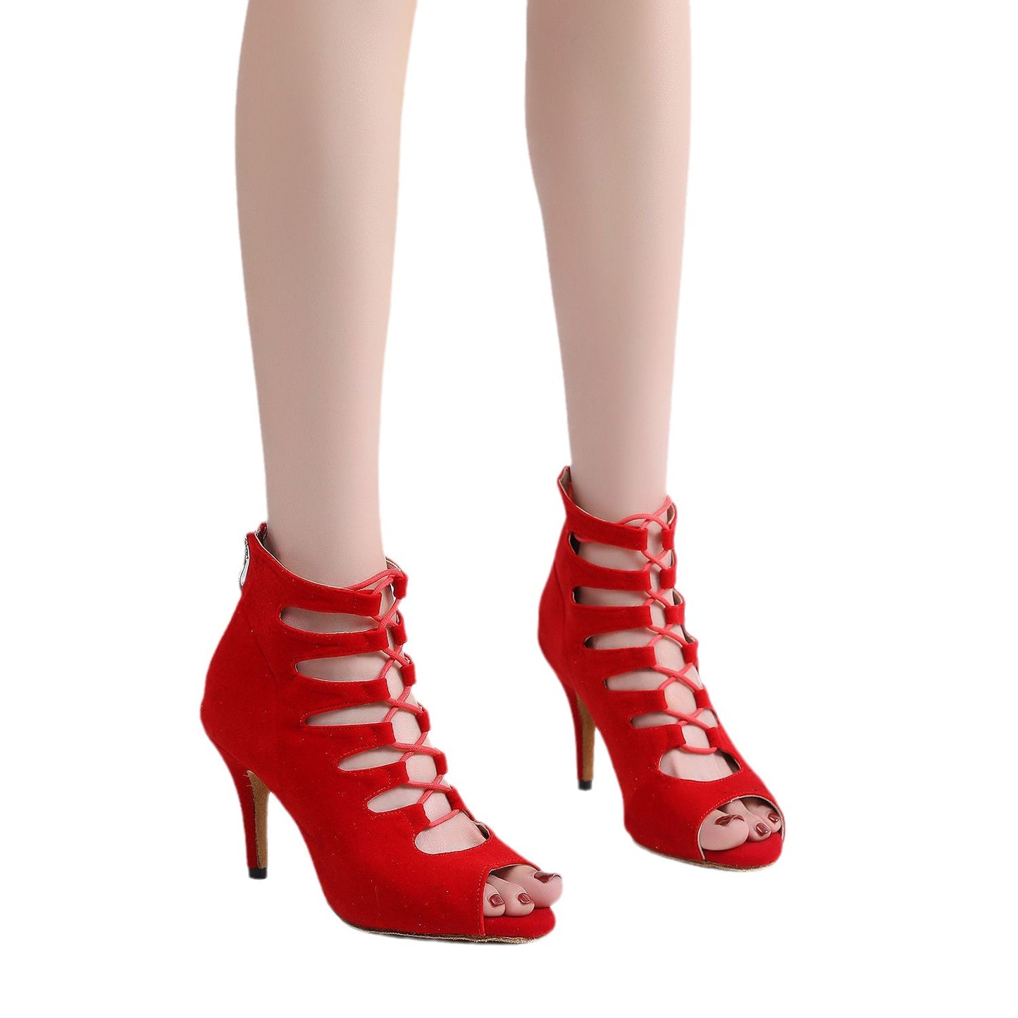 Tacones altos con punta abierta y parte inferior suave para mujer, color rojo