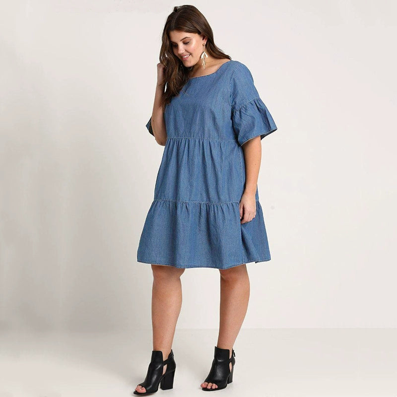 New Spring and Summer New Fashion plus Size Plus Size Ladies Loose Denim Dress Loose-Fit Lotus Leaf Sleeve A- line Dress