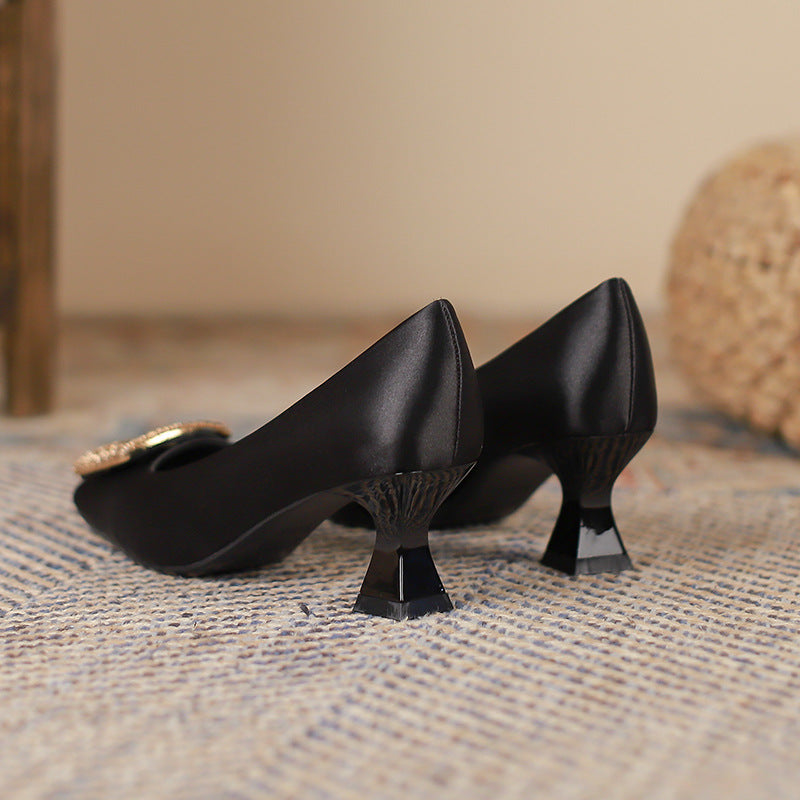 Square Toe Satin Surface High Heels Rhinestone Square Buckle